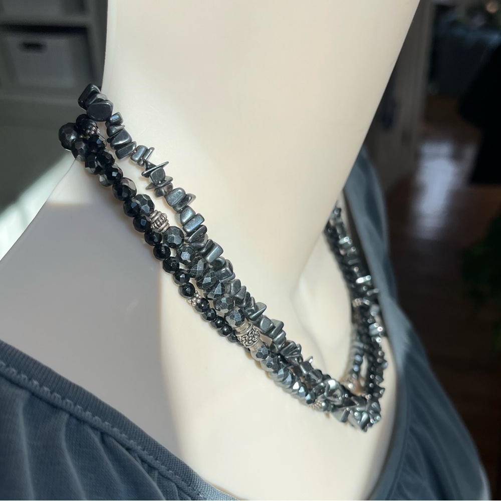 Black 3 Strand Necklace with Silver Tone Accents - Picture 9 of 16